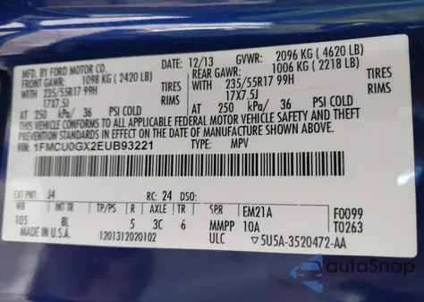 2014 Ford Escape Se z USA, uszkodzony, nr VIN 1FMCU0GX2EUB93221